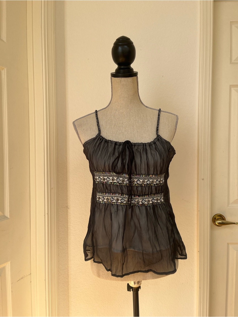 Sheer Black Spaghetti Strap Embellished Women's Top